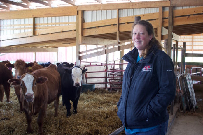 Pam Haley stands near some of her replacement heifers at her farm in West Salem, Ohio, April 28. (Sarah Donaldson photo)